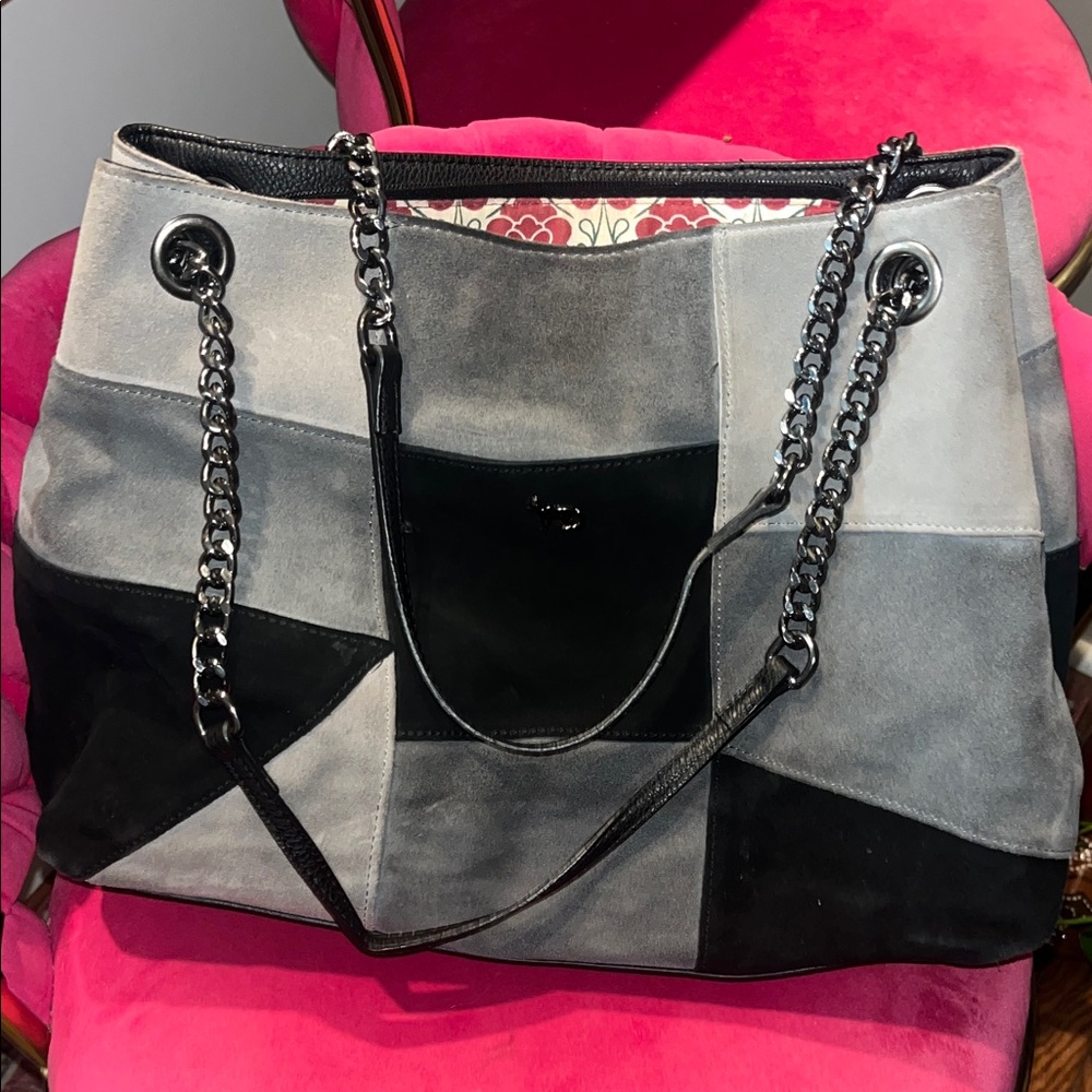 Emma Fox Suede Patchwork Black and Gray Tote Bag With Chain Strap